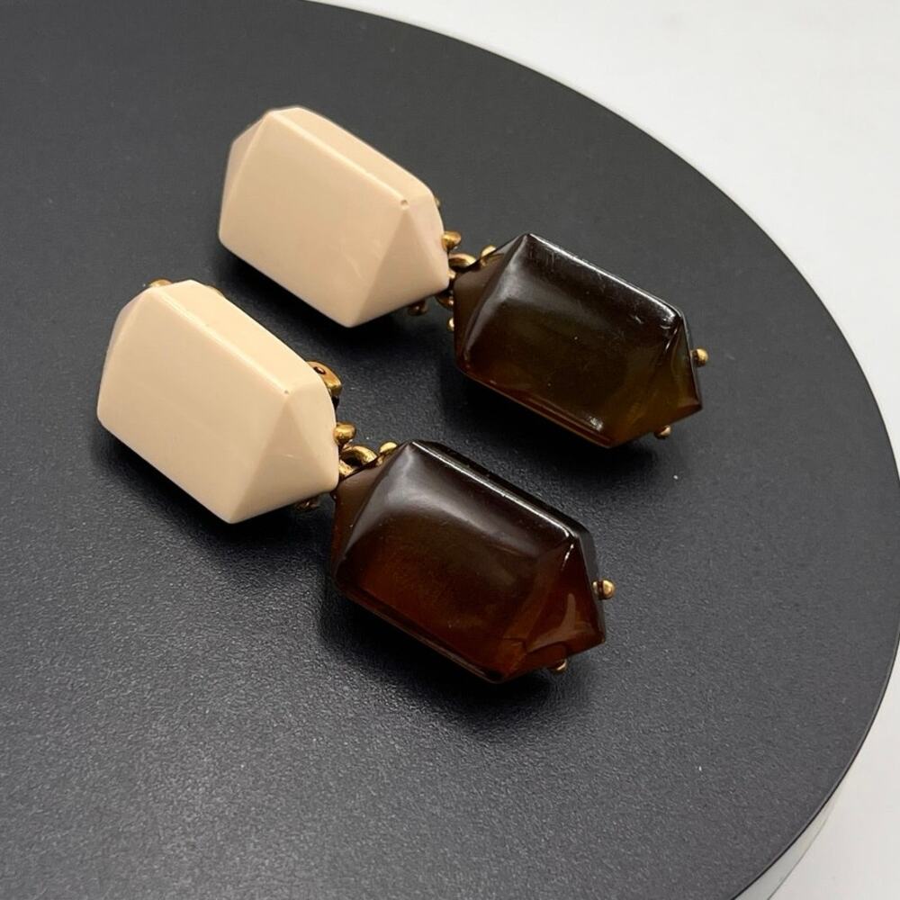 Oscar de la Renta Designer Tan Black Resin‎ Drop Dangle Clip on Earrings